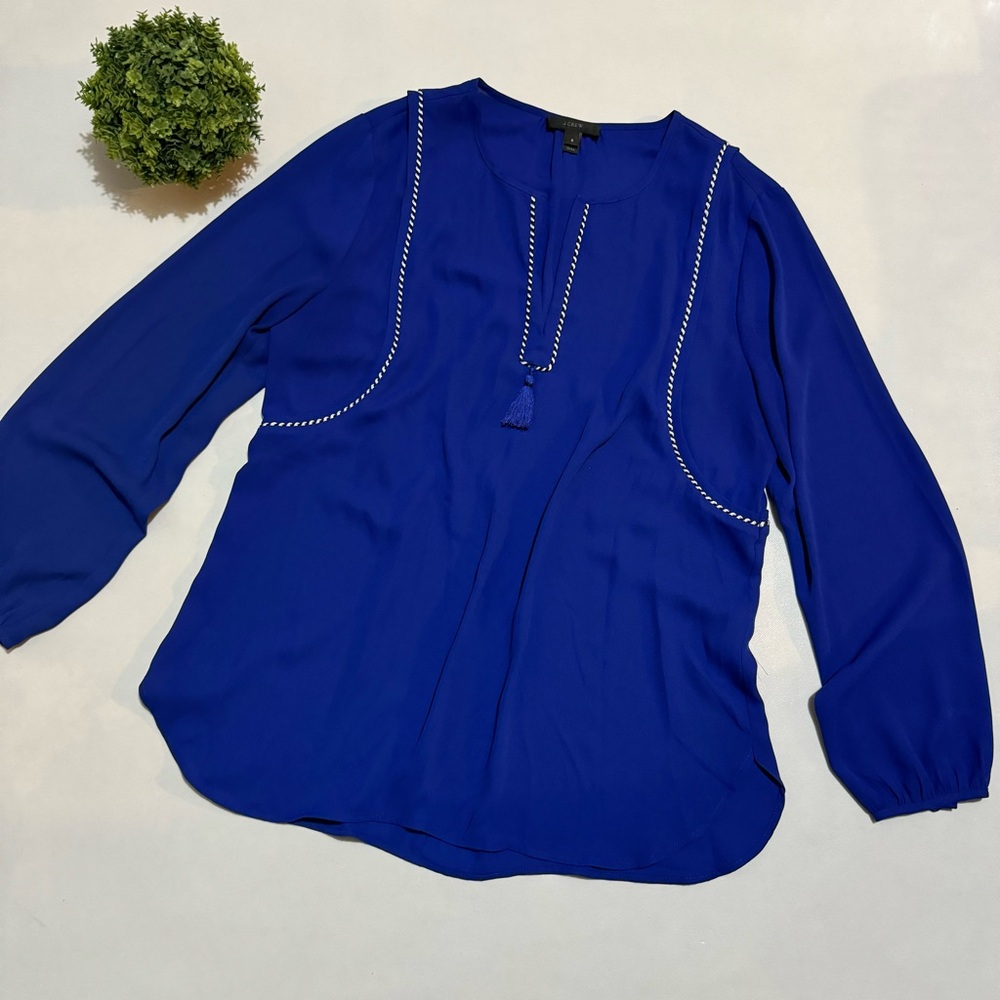 J Crew Royal Blue Classic Office Tassel Fringe Blouse Top Women’s Size 8
